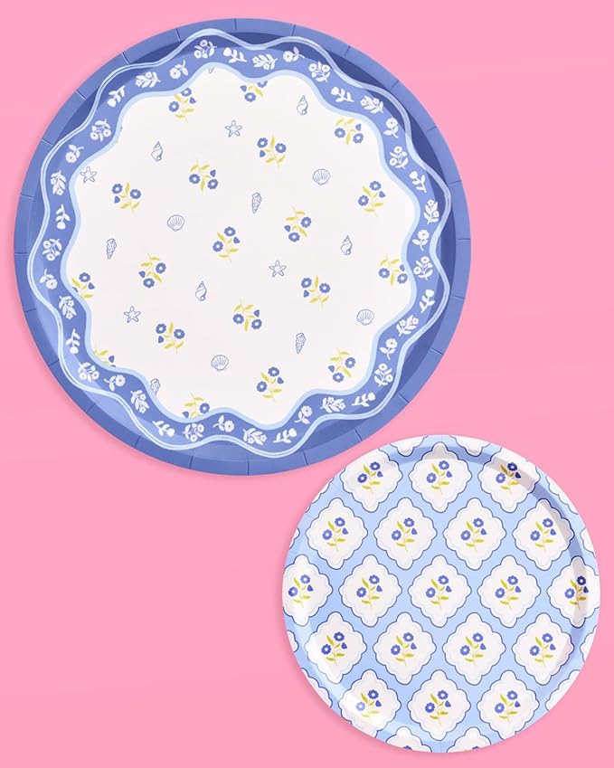 xo, Fetti Blue Coastal Paper Plates | 32 pcs, 2 sizes | Nautical Bachelorette Decorations, Seaside Dinner Party Setting, Beach Birthday Decor, Floral Tablescape