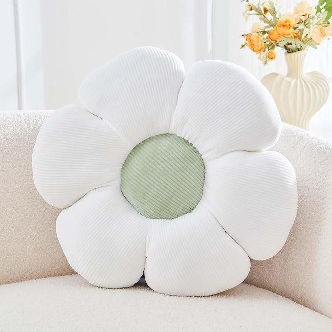 White Flower Pillow, 14.9" Cute Flower Shaped Floor Pillow, Aesthetic Floral Plush Daisy Decorative Throw Pillows for Bed Sofa Couch