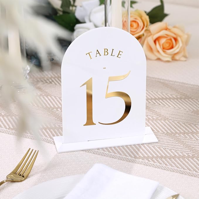 UNIQOOO White Arch Wedding Table Numbers with Stands 1-15, Gold Foil Printed 5x7 Double sided Acrylic Signs and Holders, Perfect for Centerpiece, Reception, Decoration, Party, Anniversary, Event
