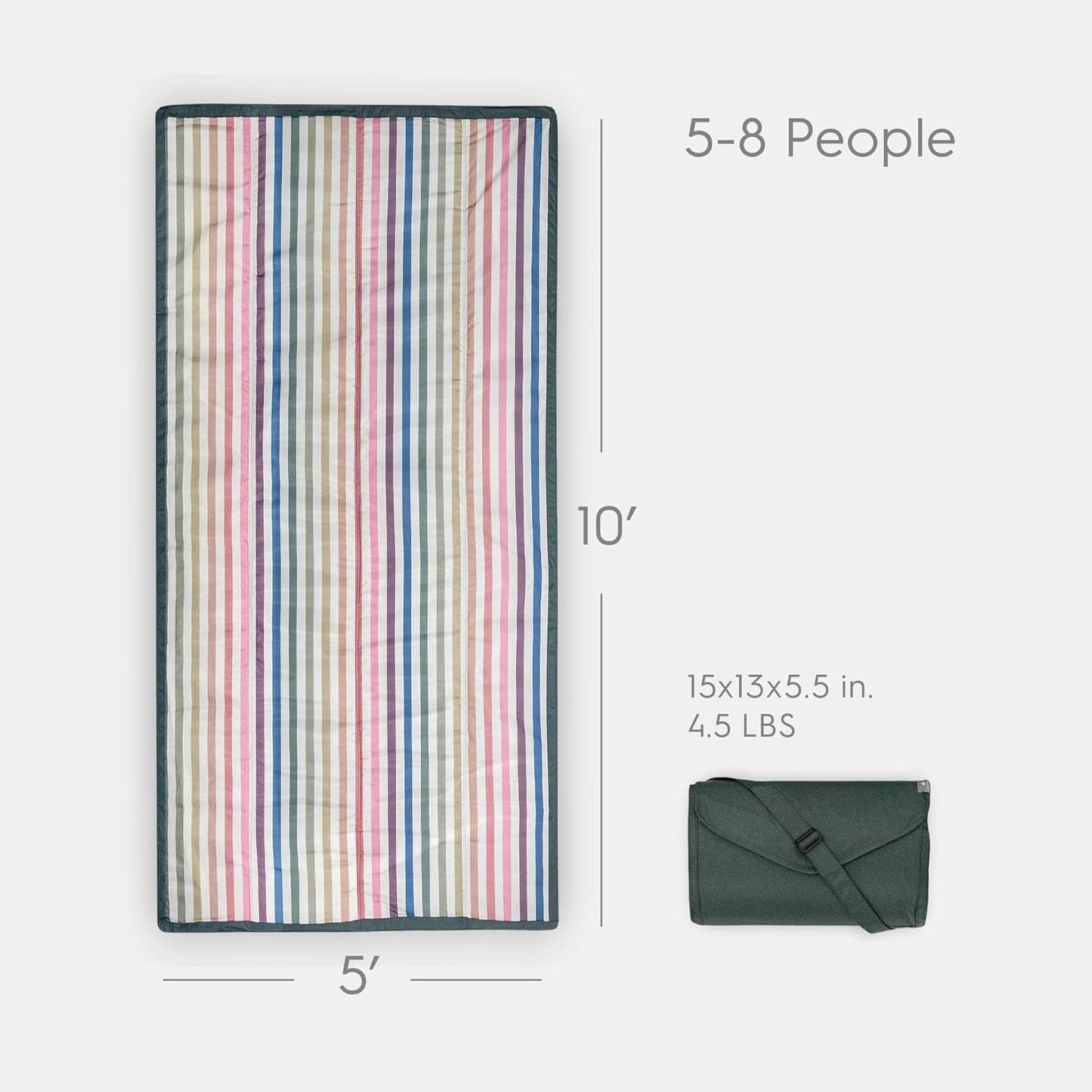 Little Unicorn 5'x10' XL Outdoor Family Picnic & Beach Blanket | Durable & Water-Resistant Fabric | Compact Fold & Easily Wipes Clean | Zipper Pocket (Chroma Rugby Stripe)