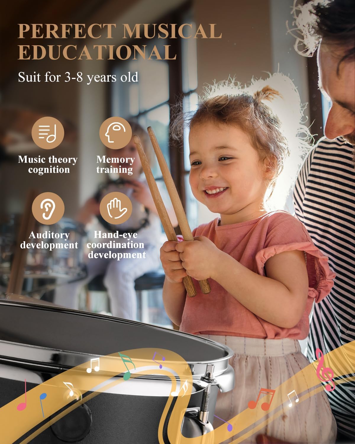 Eastar Drum Set 14'' for Kids Beginners,3 Piece with Bass Tom Snare Drum,Adjustable Throne, Cymbal, Pedal & Two Pairs of Drumsticks, Metallic All Black