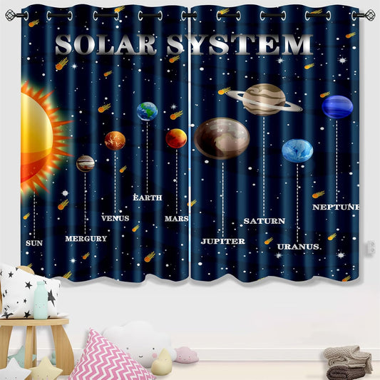 Outer Space Curtains for Boys - 2Pcs 82" x 63" Solar System Print Curtain Panels for Boys Bedroom Planets Galaxy 95% Blackout Grommet Top Window Drapes for Living Room