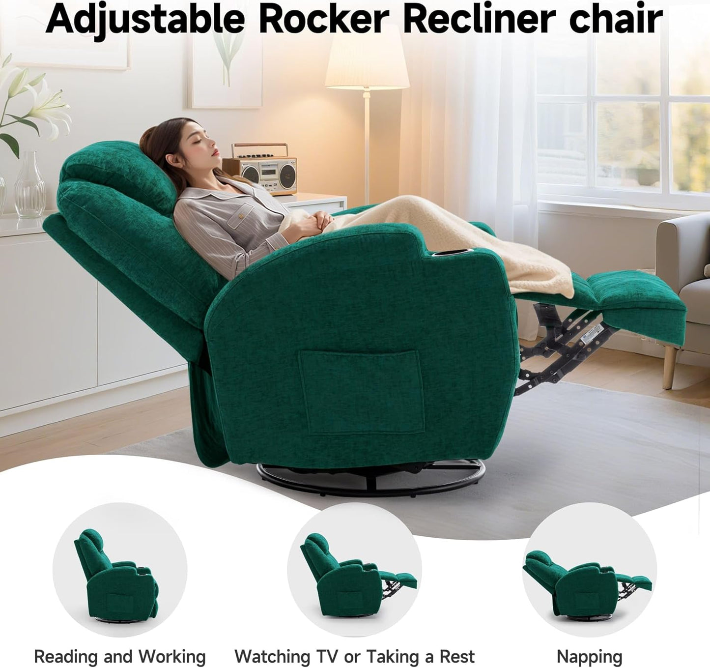 Recliner Chair, Rocking Recliner Chair for Adults with Massage and Heat, Swivel Rocker Recliner with Remote and Cup Holder, Cashmere Manual Recliner for Nursery, Living Room, Green