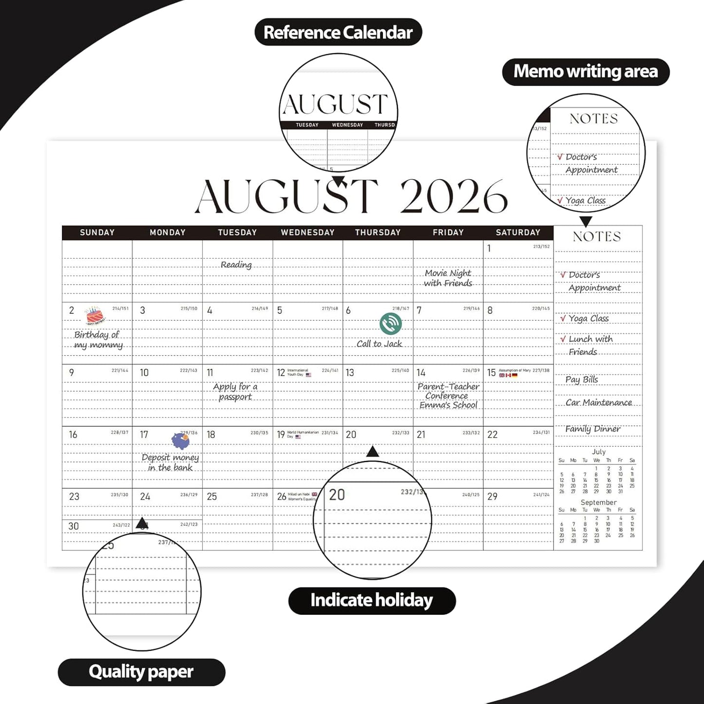 Desk Calendar 2025-2026, Monthly Desktop Large Calendar Runs Until December 2026 17" x 12" Desk Wall Planner for Family Office Teacher School, Black-White