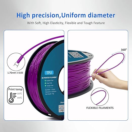 Geeetech TPU Filament 1.75mm – 95A Flexible 3D Printer Filament with High Elasticity, 1KG (2.2lbs) Spool, Dimensional Accuracy ±0.03mm, Fits Most FDM Printers (Purple)