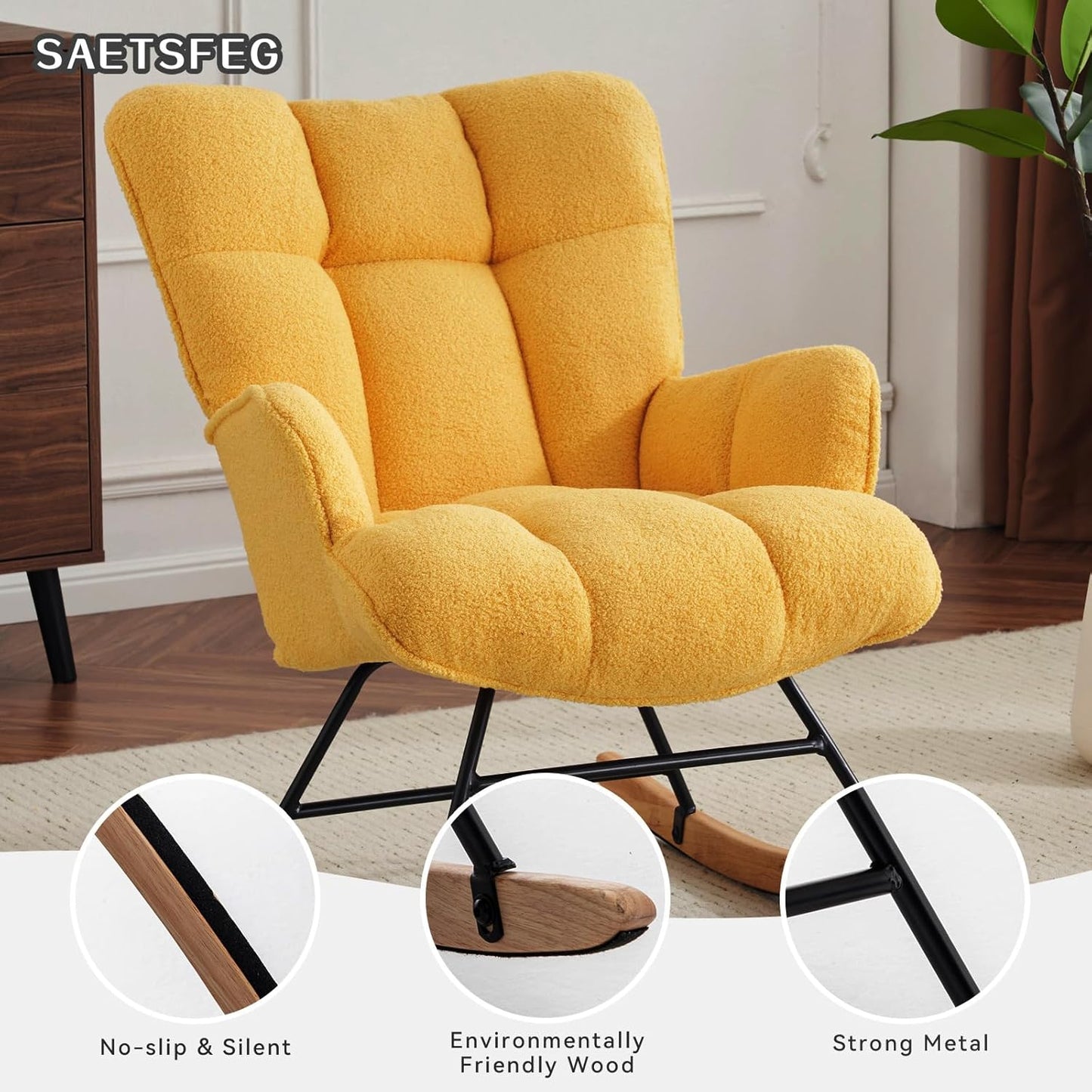 Rocking Chair Nursery Teddy Upholstered Glider Rocker Rocking Accent Chair Padded Seat with High Backrest Armchair Comfy Side Chair for Living Room Bedroom Offices (Yellow Teddy)