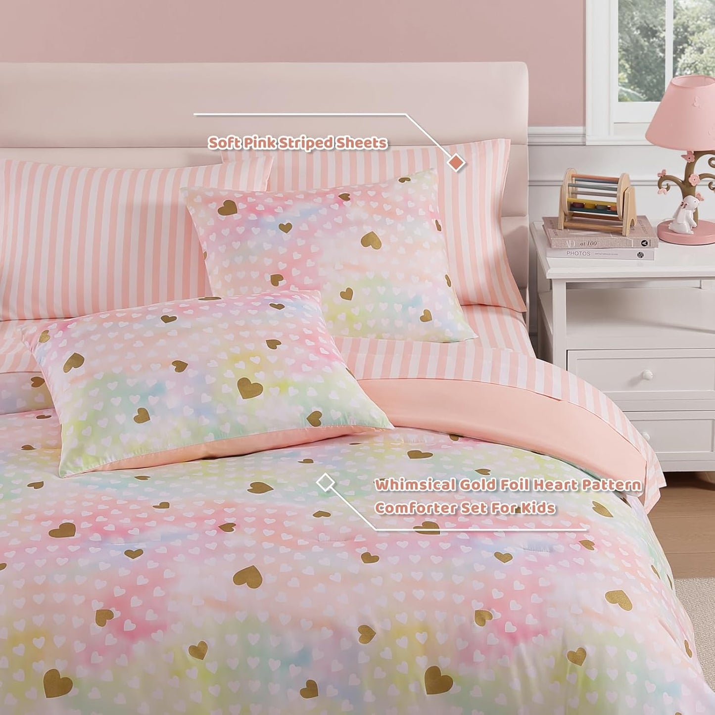 Twin Comforter Set with Sheets for Girls-5 Pieces Twin Bedding Sets with Pink Comforter, Sheets, Pillowcase & Sham for Kids (Colorful Gold Heart, 66" X 86")
