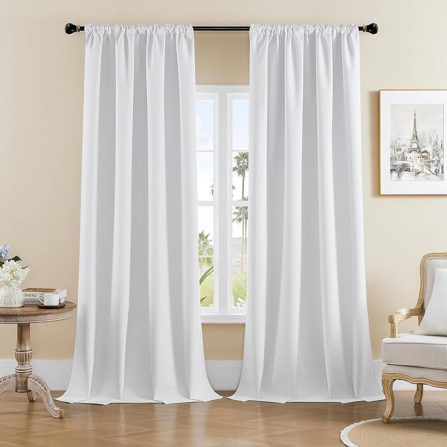 Joydeco Faux Linen Blackout Curtains for Bedroom,White Blackout Curtains 108 inches Long,100% Blackout Solid Thermal Insulated Window Drapes Luxury Decor for Living Room（W52xL108 Inch,White）