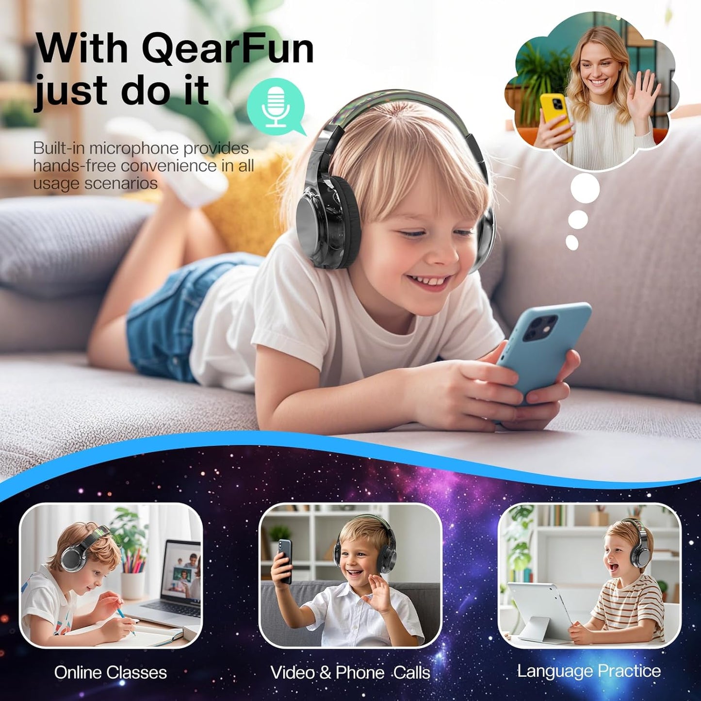 QearFun Kids Bluetooth 5.3 Headphones, Wireless Metallic Gradient Headset, Lightweight Foldable On Ear Headphones with Aux Cord, Fast Charging, Built-in Mic, for School/Travel/Tablet/iPad