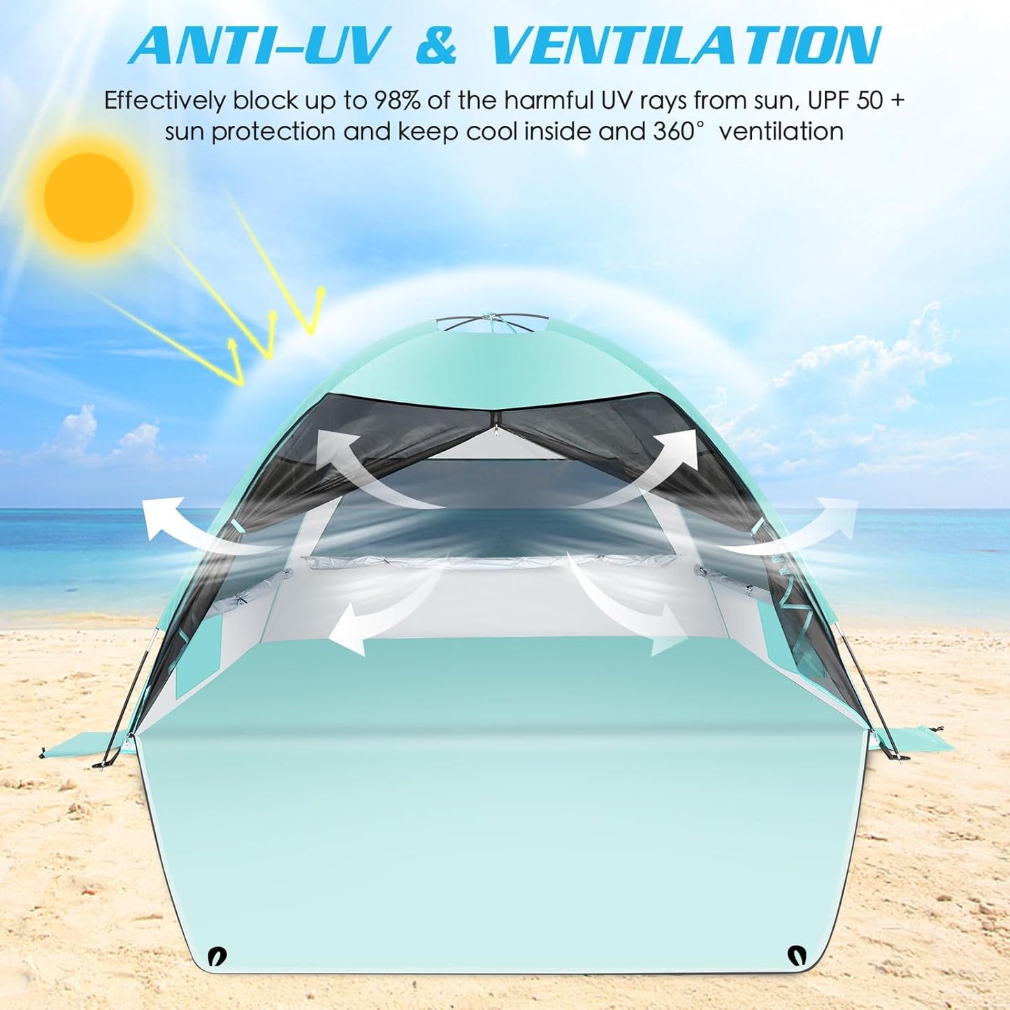 Large Easy Setup Beach Tent,Anti-UV Beach Shade Beach Canopy Tent Sun Shade with Extended Floor & 3 Mesh Roll Up Windows Fits 3-4 Person,Portable Shade Tent for Outdoor Camping Fishing (Mint Green)