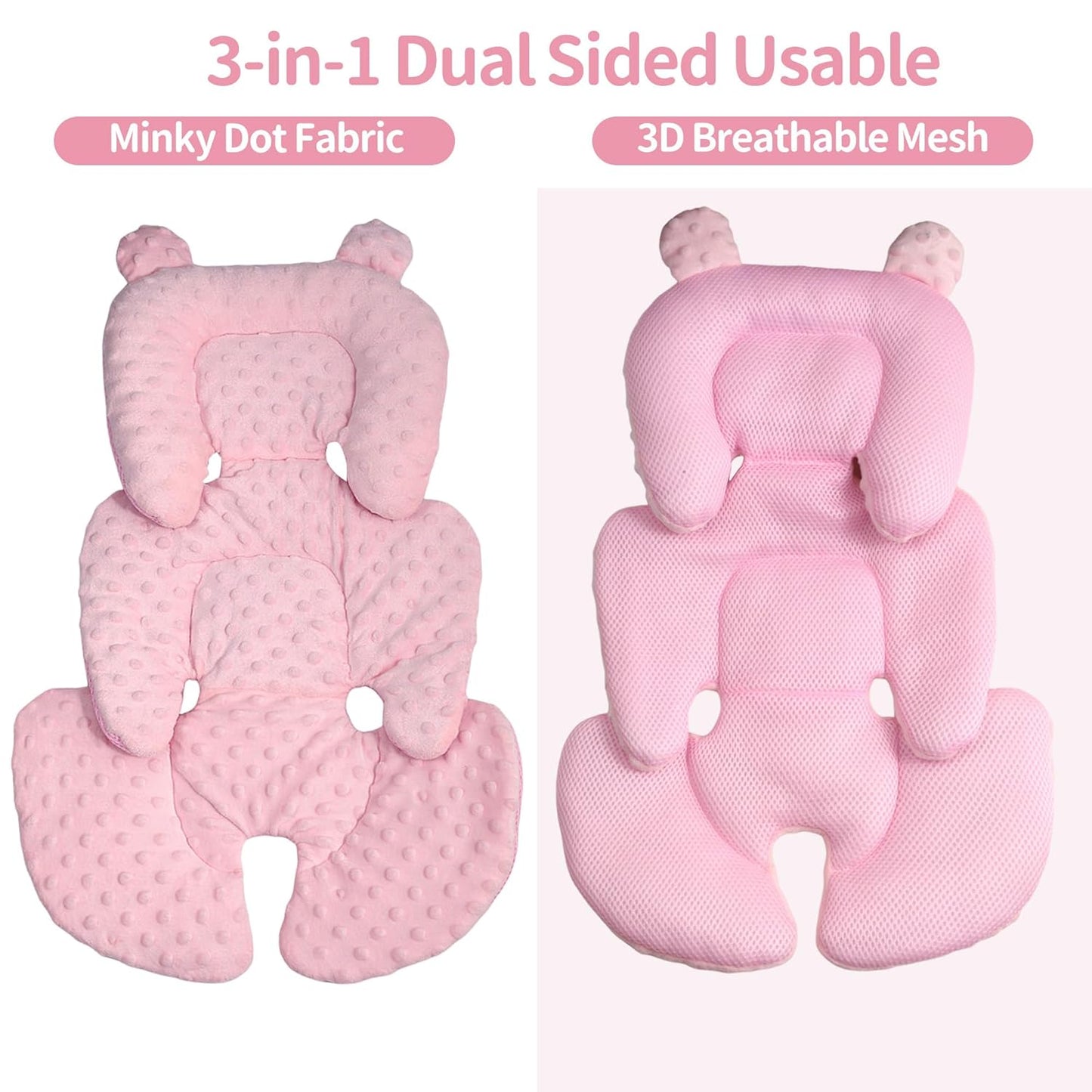 3in1 Reversible Carseat Head Body Support Newborn,3D Minnky Infant Car Seat Insert,Extra Soft Breathable Baby Car Seat Pillow Cushion Boys Girls,fit Stroller,Bouncer,Swing(Pink)
