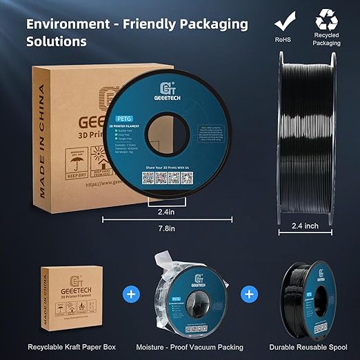 Geeetech PETG Filament 1.75mm, 1 KG (2.2lbs) Spool 3D Printer Filament, High-Toughness, ±0.02mm Accuracy, Neatly Wound & Moistureproof, Non-Clogging Non-Stringing, Fits Most FDM Printers, Black