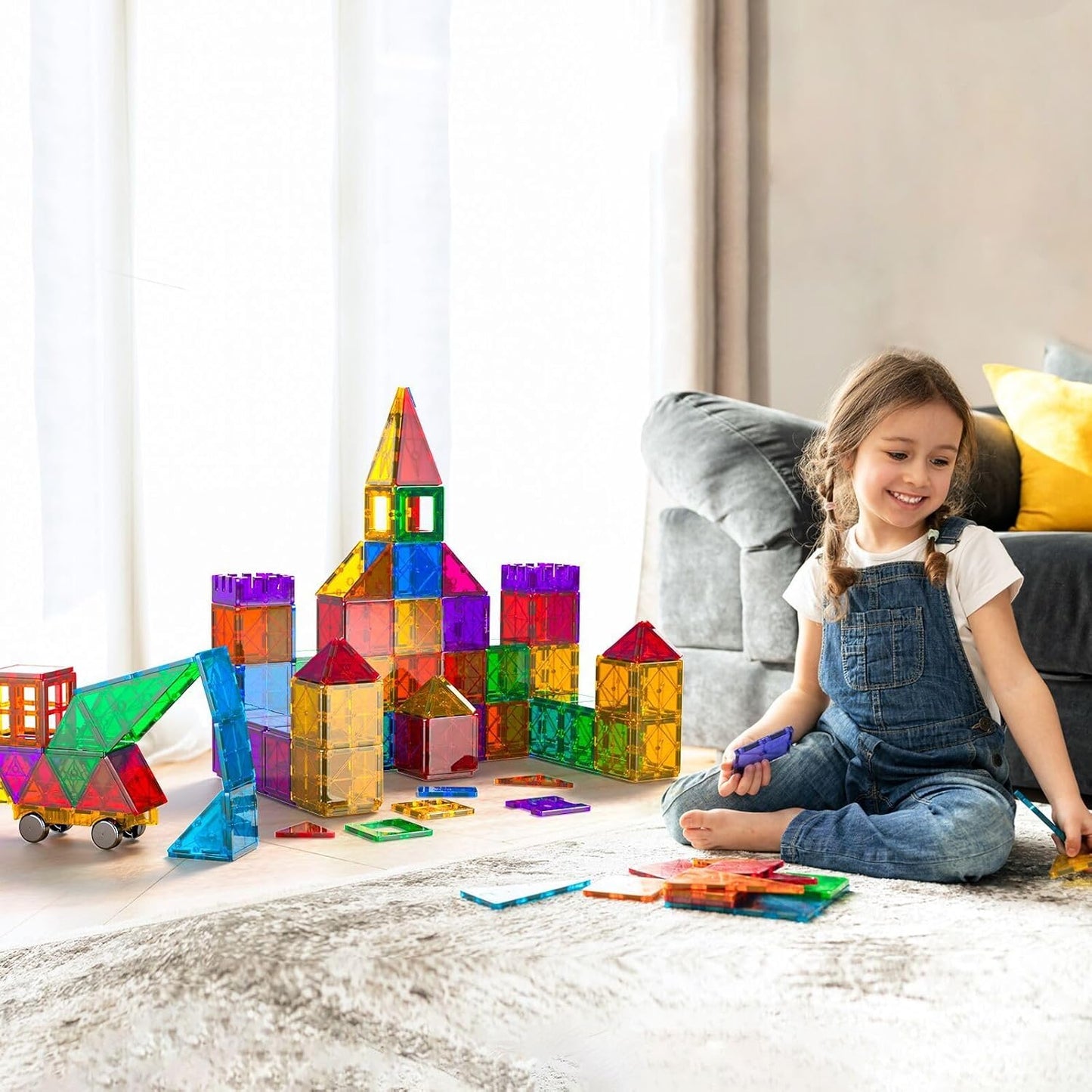 Bmag 100PCS Magnet Building Blocks with 2 Cars for Kids, Magnetic Tiles Stacking Building Set for Boys Girls, STEM Preschool Educational Learning Construction Toy