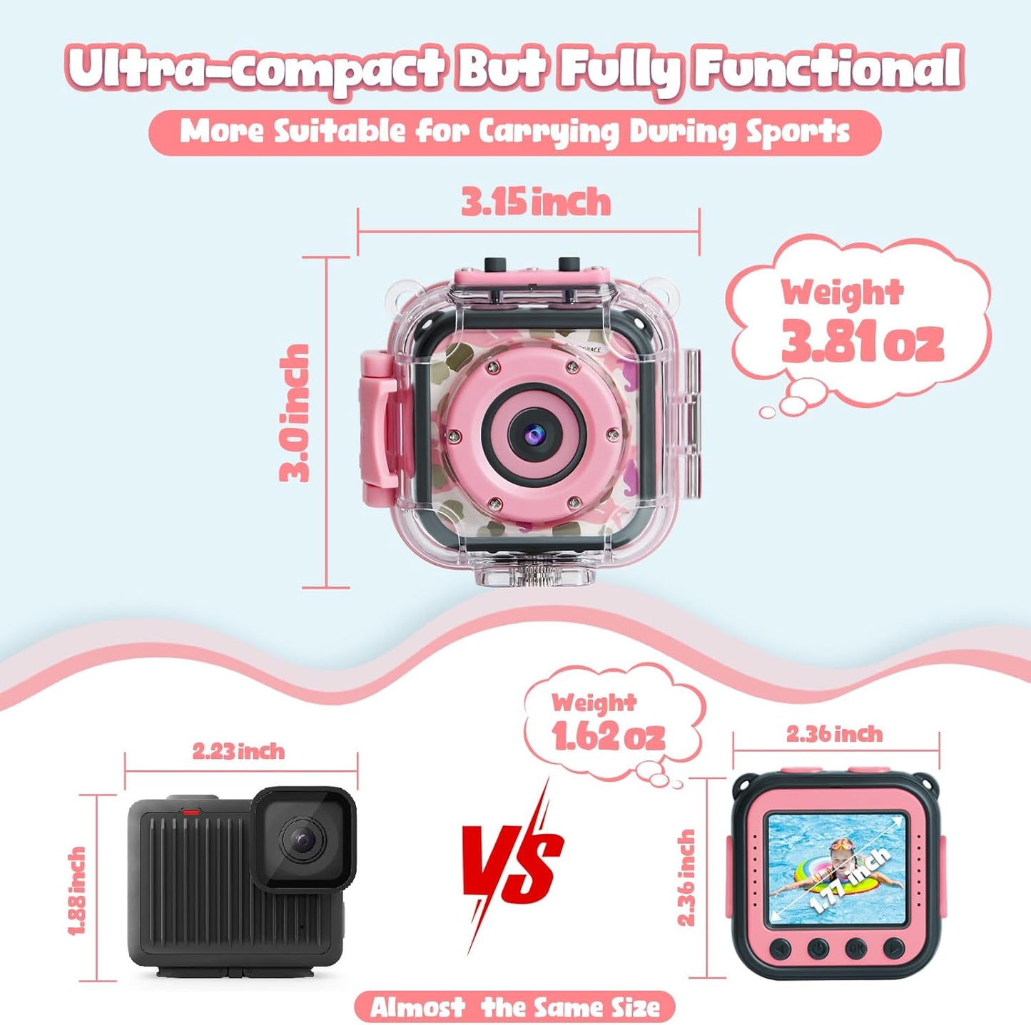 PROGRACE Kids Waterproof Camera Girls - Kids Video Camera Underwater 1080P HD Children Camcorder Digital Cameras for Girls Christmas Birthday Toys Gifts 3 4 5 6 7 8 9 10 11 12 Year Old