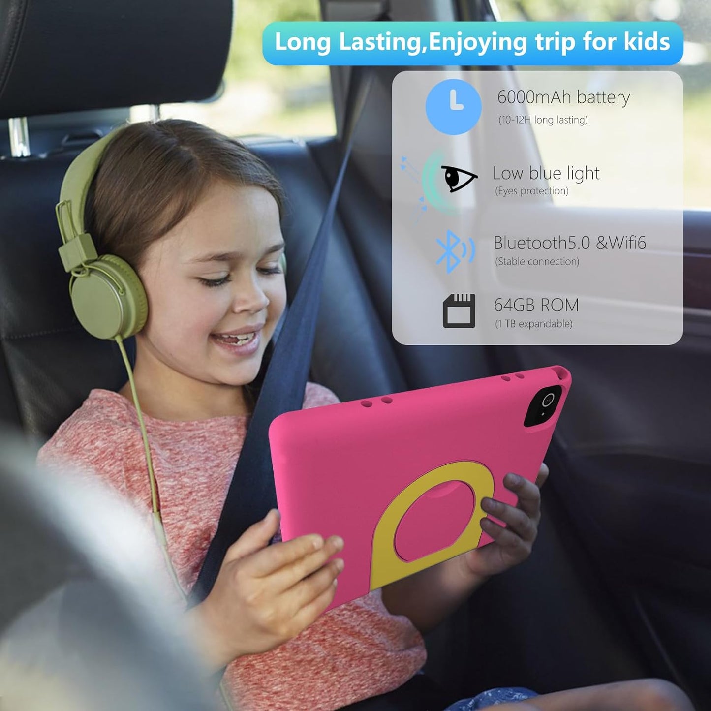 Tablet for Kids 10.1 inch Android 14 6000mHA 8GB RAM+64GB ROM(Expandable to 1TB Kids Tablet Age 3-12 with Case& Lanyard WiFi6 Google Kids Space Parental Control 1280 * 800 HD Screen Pink