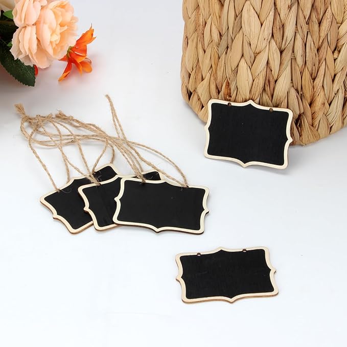 12 Pcs Mini Rectangle Chalkboard Label for Message Board Signs, Mini Wooden Chalkboards Signs, Small Hanging Blackboard Labels for Wedding Party Crafts Name Tags, 3.1x2.4 Inch