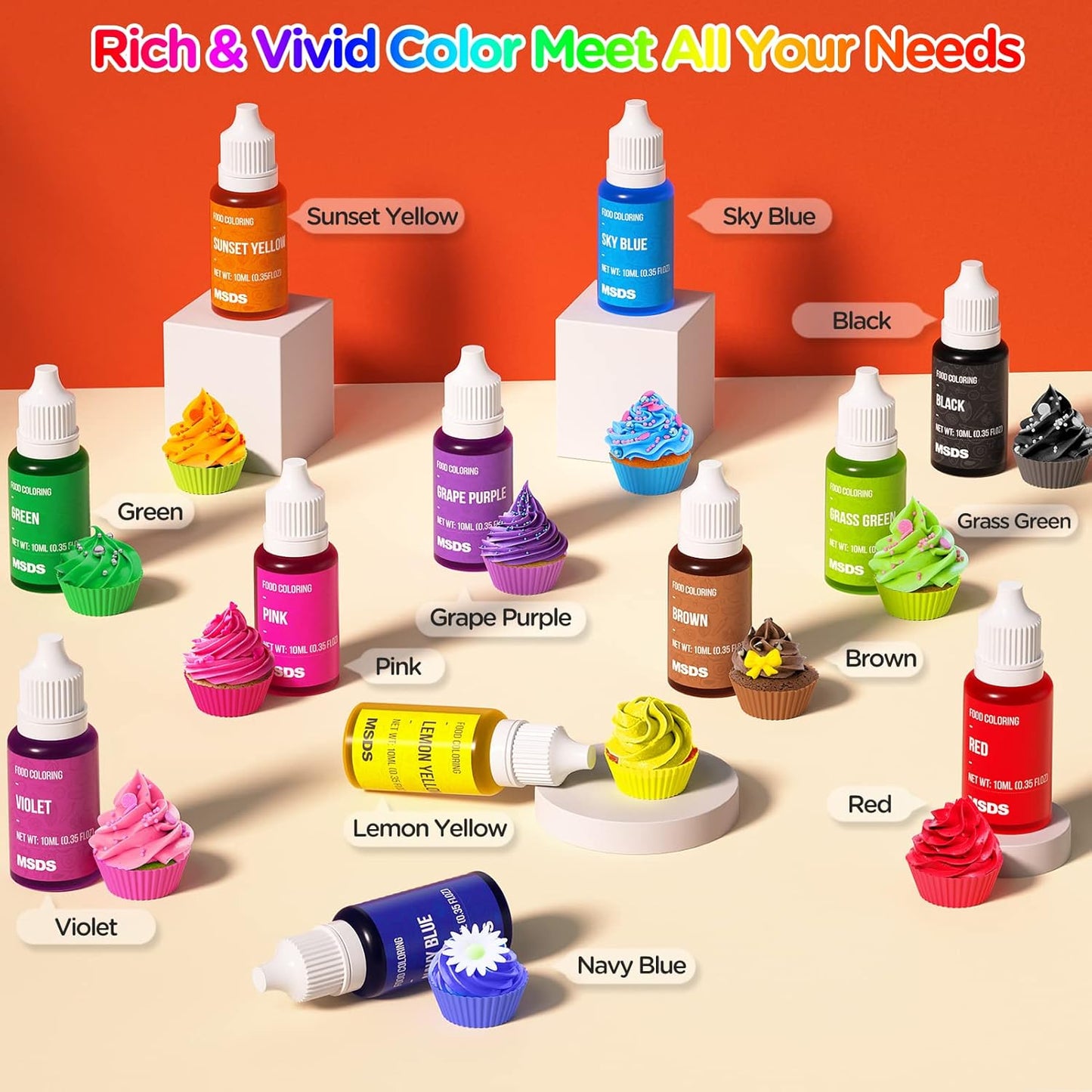 Food Coloring Liquid Set - 12 Vibrant Color Food Grade, Food Coloring Gel Concentrated Neon Icing Colors for Cake Decorating, Baking, Easter Egg, Icing, Fondant, Cooking, Slime Making DIY Supplies Kit - 0.35 Fl. oz (10 ml)/Bottles