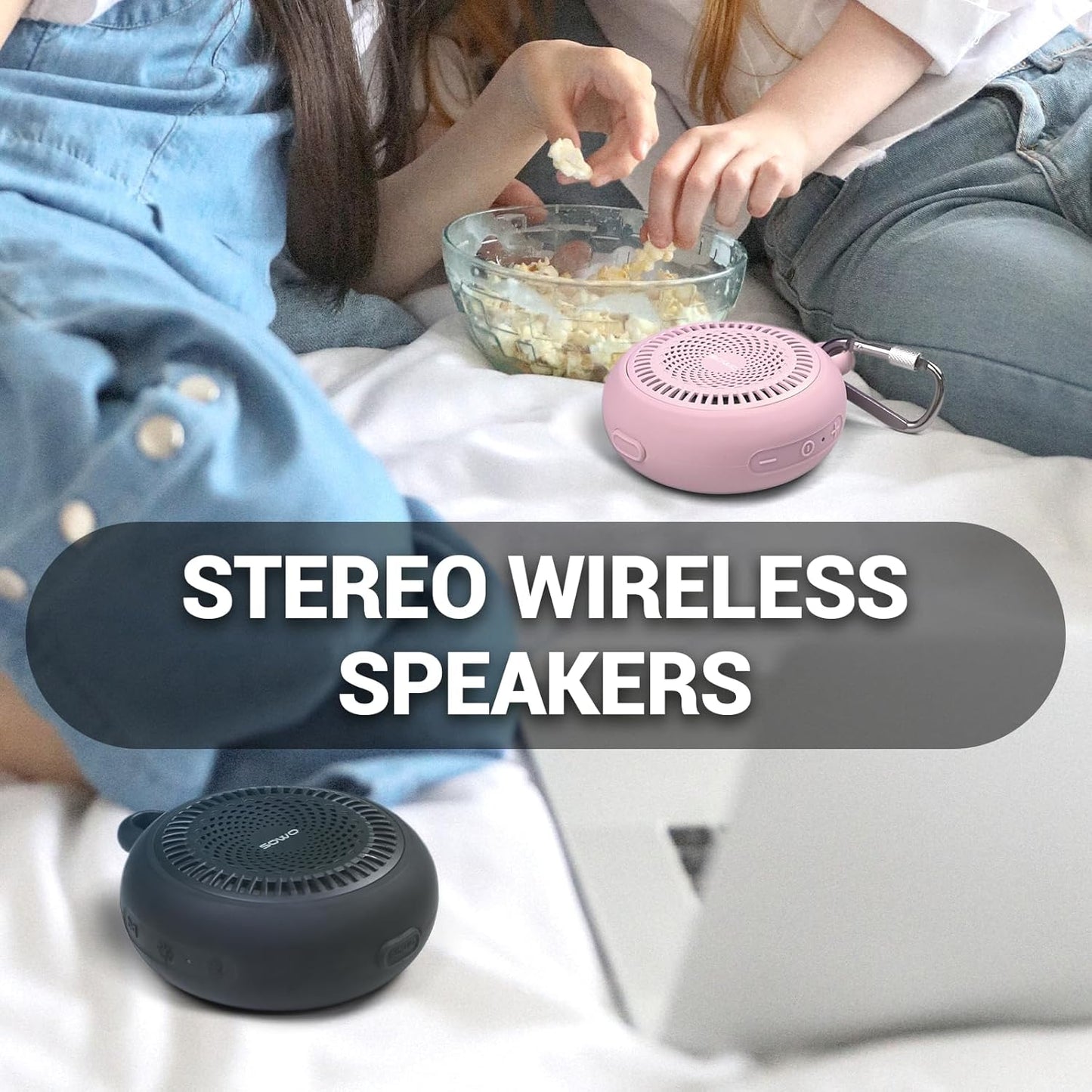 SOWO Small Waterproof Speaker Bluetooth Portable Wireless - Clip Speaker for Shower - Powerful Bass and Louder Volume - Colorful Lights and Lightweight for Travel,Kitchen,Pool - Pink