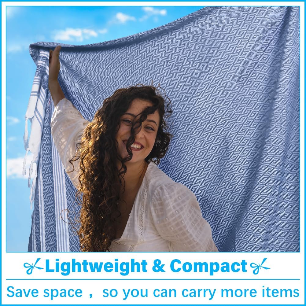 Oversized Turkish Beach Towel Blanket XXL Cotton Sandproof Towels Boho Woven Extra Large Big Sand Free Giant Throw Thick Blankets Huge Quilt XL Picnic Camping Necessities Cloud For Adult Gifts Blue