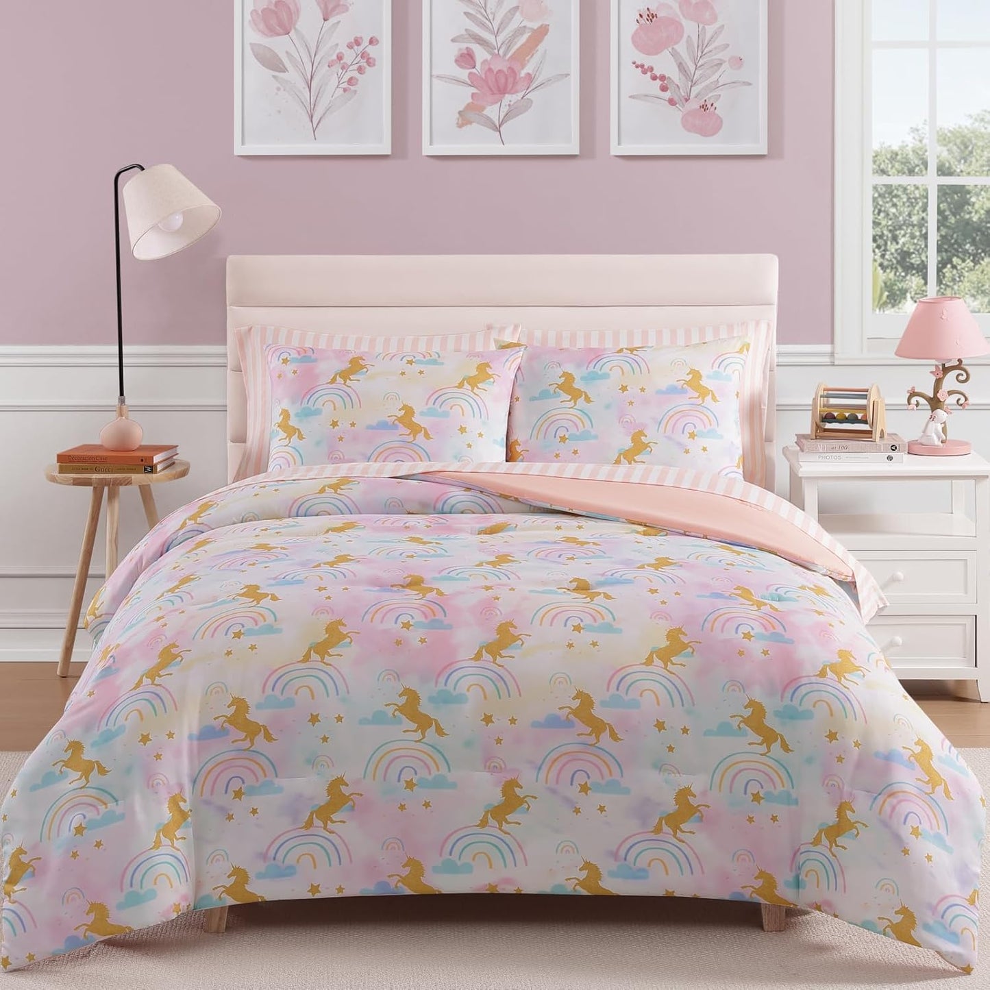Queen Comforter Set with Sheets for Girls-7 Pieces Queen Bedding Sets with Pink Comforter, Sheets, Pillowcases & Shams for Kids (Gold Unicorn, 90" X 90")