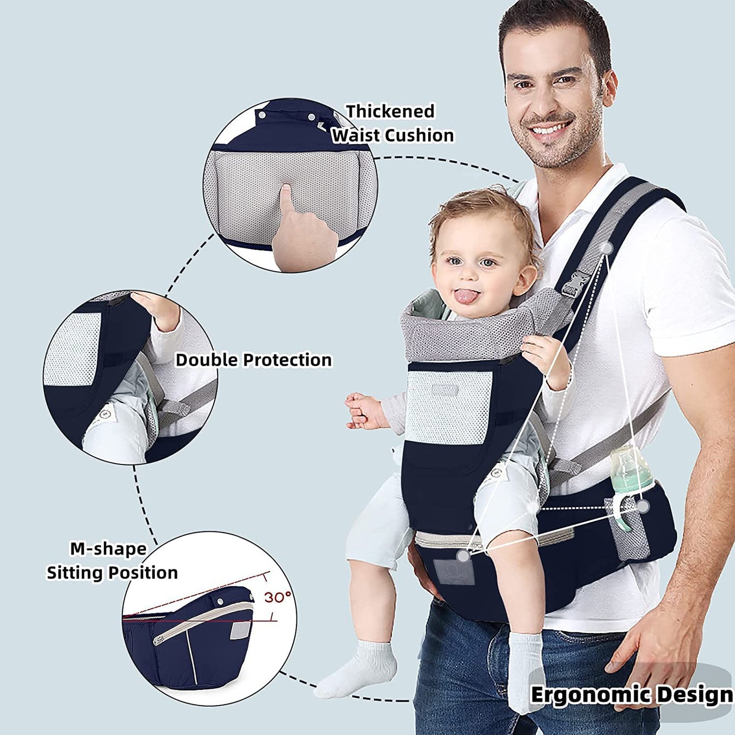 Baby Carrier Ergonomic Infant Carrier with Hip Seat Kangaroo Bag Soft Baby Carrier Newborn to Toddler 7-45lbs Front and Back Baby Holder Carrier for Men Dad Mom (Blue)