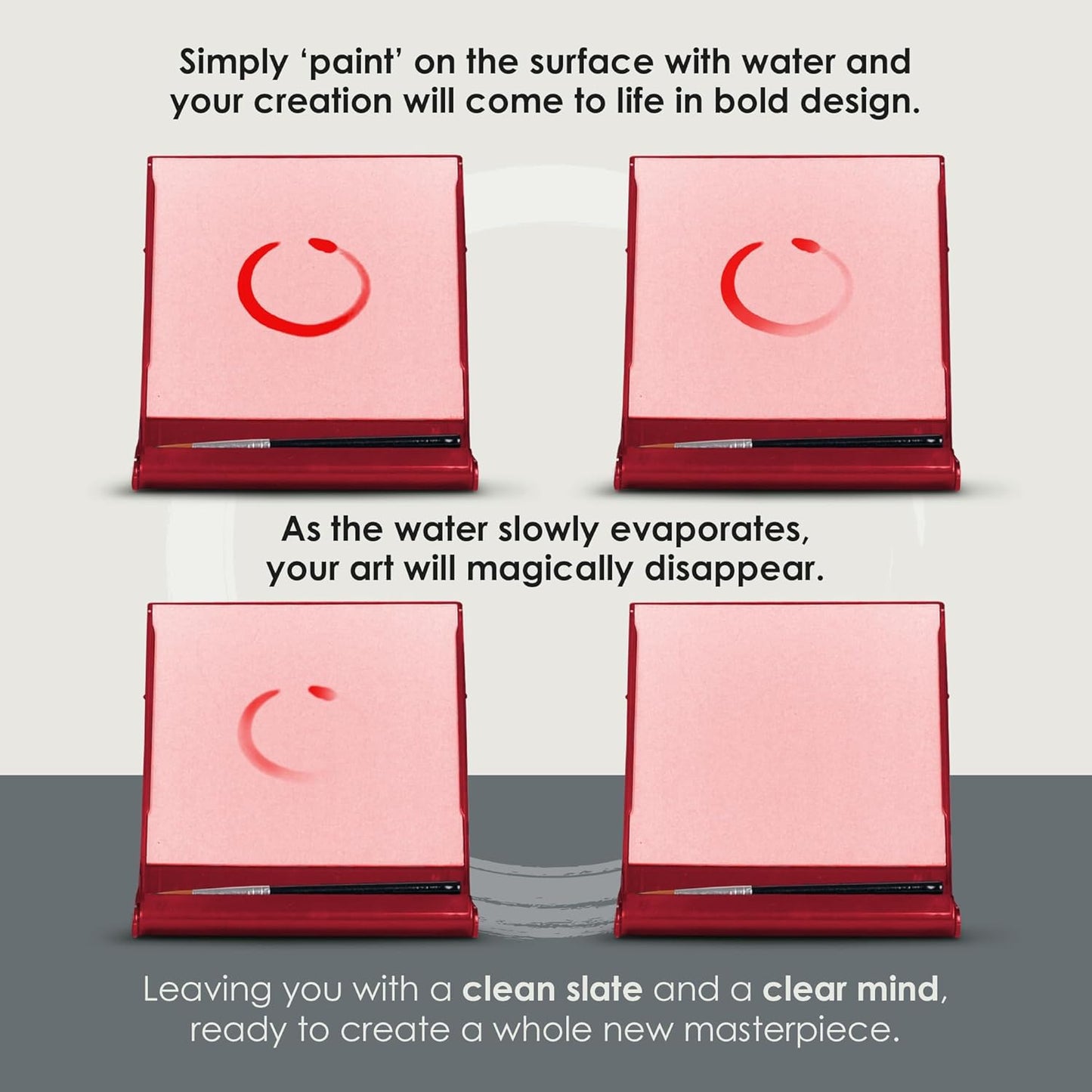 Mini Buddha Board Art Set: Water Drawing Writing Board w/ Mini Water Brush for Mindfulness & Meditation – Zen Based Drawing Board - Painting & Art Supplies – Ideal Relaxation Gifts (5” x 5”, Red)