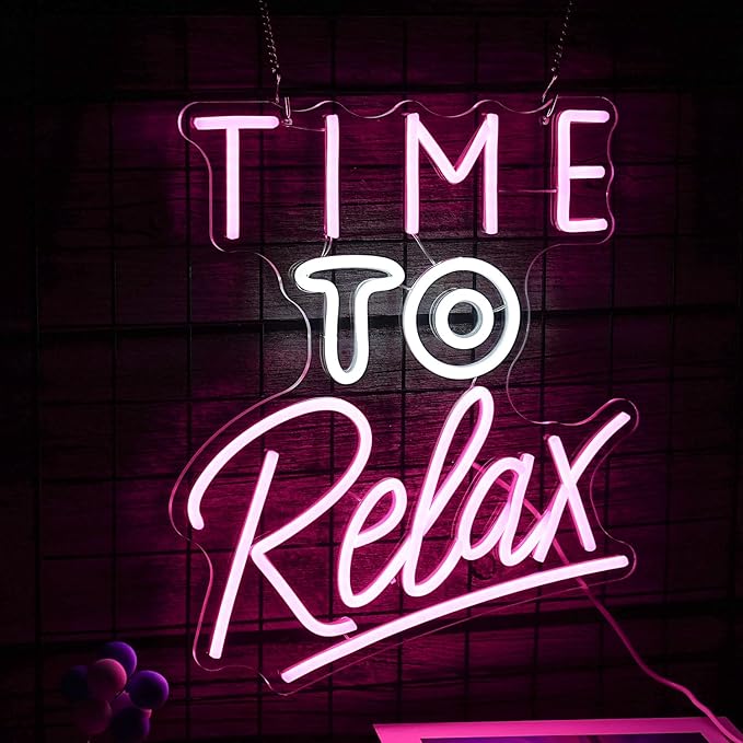 Time To Relax Neon Sign Pink White Letter Led Neon Lights Wall Decor Dimmable Relax Light Up Signs USB Powered with Switch Neon Signs for Spa Massage Bedroom Decor Bar Party Wedding