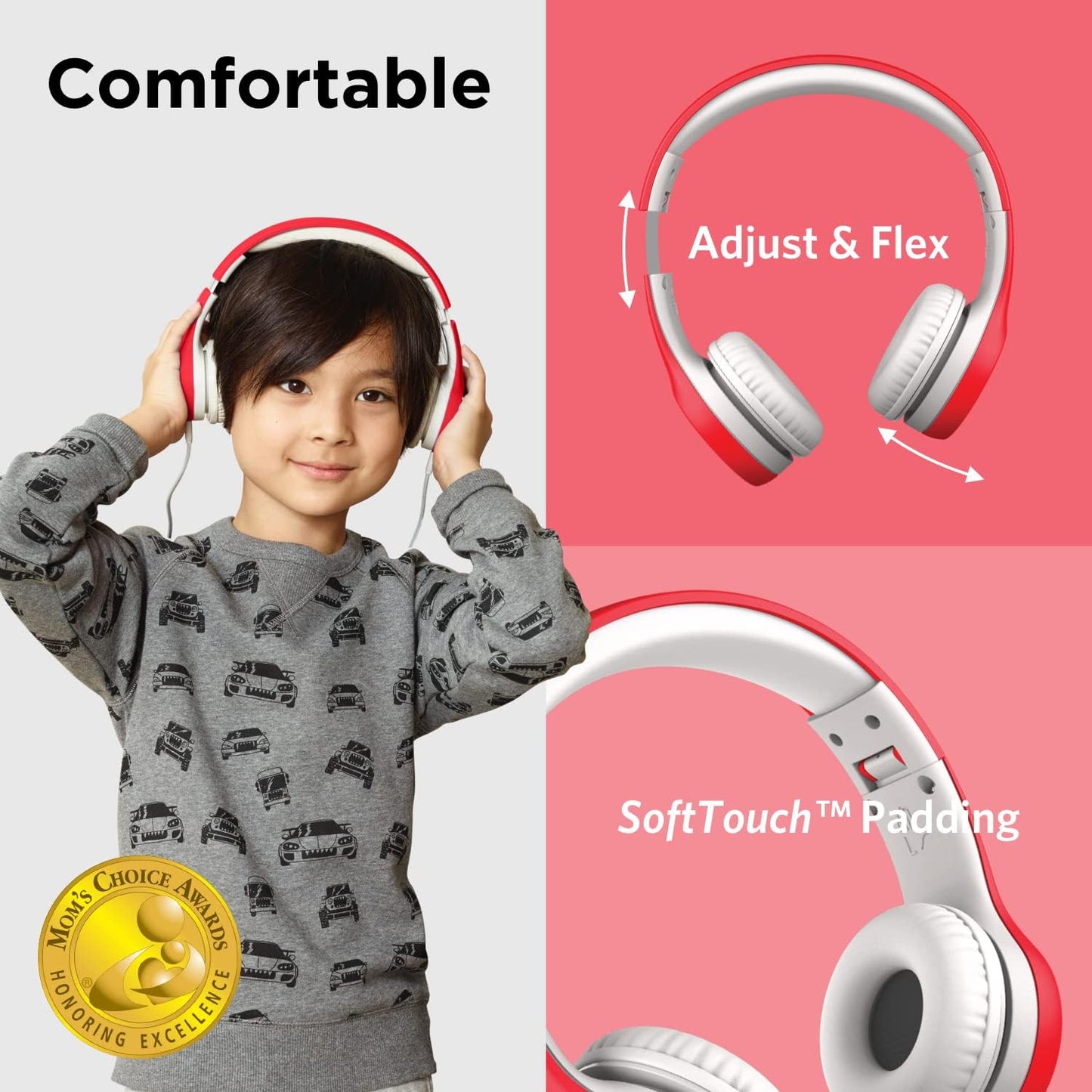 LilGadgets Connect+ Wired Kids Headphones for School with Mic, Volume Limited & Noise Reduction, On-Ear Headset with Cord, SharePort Technology for Multiple Kids & SoftTouch Padding, Red