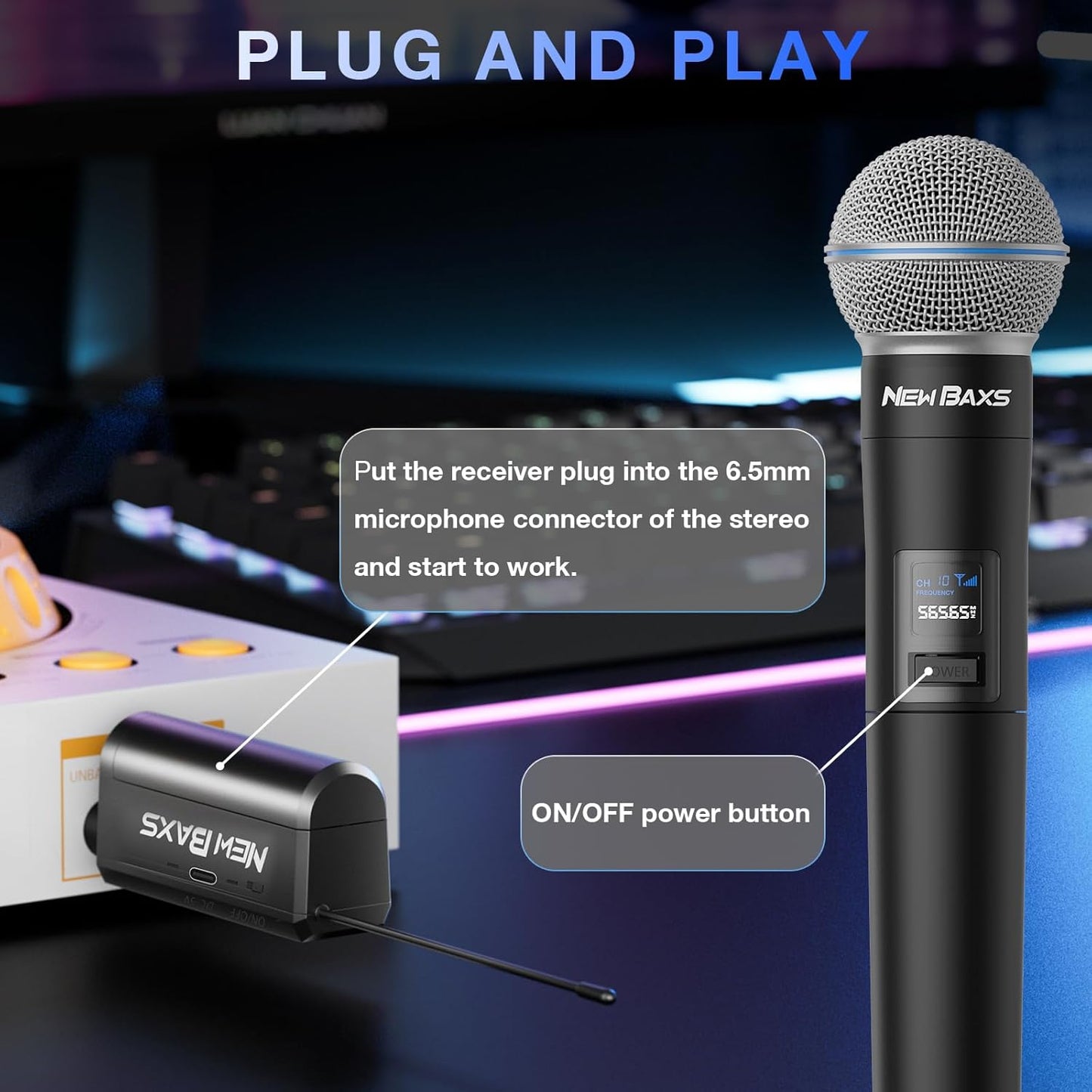 Wireless Microphone, Rechargeable Dual Cordless Handheld Dynamic Wireless Mics,NEWBAXS Karaoke Microphones with 1/4'' Output for Karaoke, Meeting, Singing, Church, Wedding