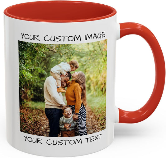 Personalized Coffee Mug – Custom Photo, Text, or Logo Ceramic Mug Tea Cup | Taza Personalizada with Picture or Message | Customized Gift Idea for Men & Women, Mom, Dad, Friends (White/Red-01, 11oz)