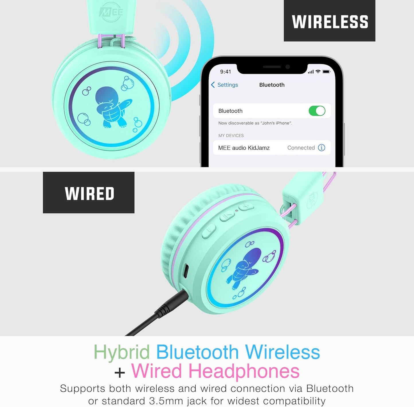 MEE audio KidJamz KJ55BT Bluetooth Wireless Safe Listening Headphones for Children with LED Lights, 85dB Volume Limiter, Microphone, & 40h Battery; Kids Headset for School/iPhone/iPad/Tablet (Mint)