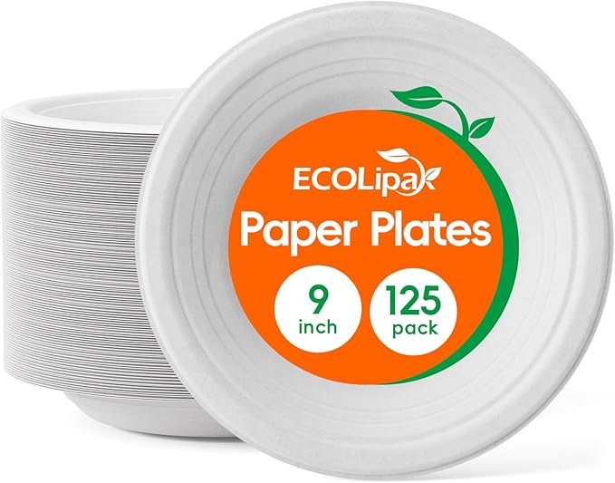 ECOLipak 125 Pack Paper Plates 9 inch 100% Compostable Heavy-Duty Dinner Plates Disposable Bagasse Deep Dish Natural Biodegradable Eco-Friendly Sugarcane(White)