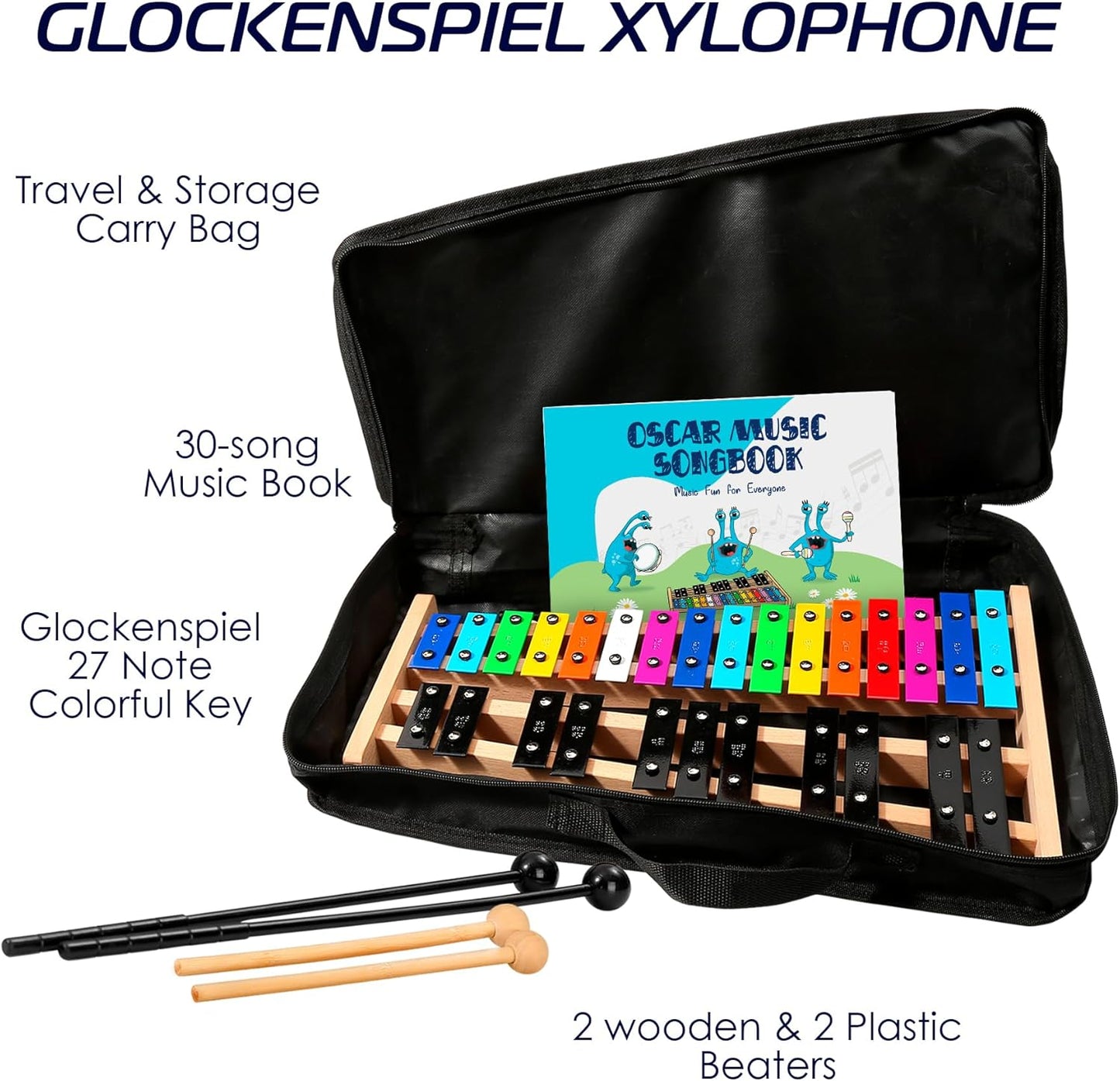 MINIARTIS Glockenspiel Xylophone | Full Size Glockenspiel Xylophone 27 Note Colorful Metal Keys for Adults & Kids | Percussion Musical Instrument Includes 2 Wooden Beaters, Songbook and Carry Case