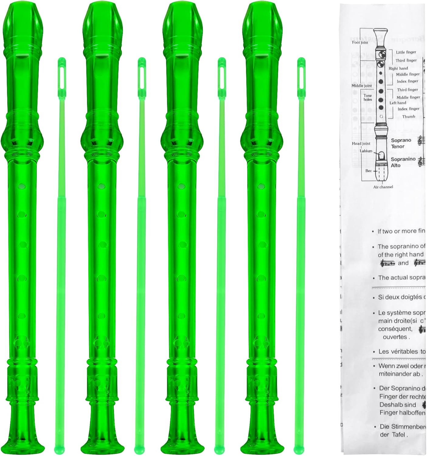 SANNIX 4 Pack 8 Hole Plastic Soprano Descant Recorder Instrument for Kids Beginner Eastar Recorder With Cleaning Rod, Instruction and Storage Bag, German Style (Clear Green)