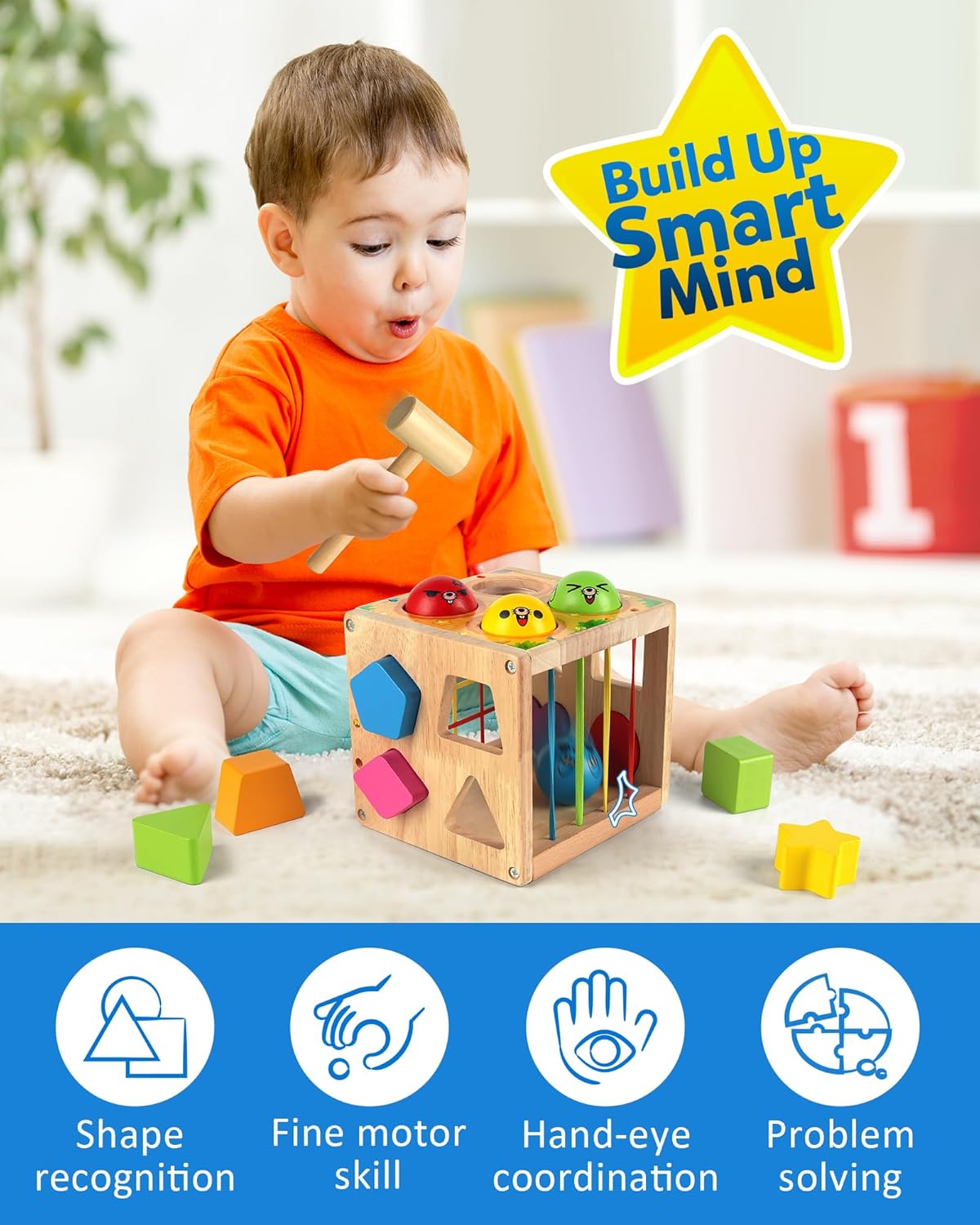 Coogam Wooden Montessori Toys for Toddlers, Shape Sorting Cube Fine Motor Skills Game for Year Old 18 Month+ Baby Boys Girls Gift