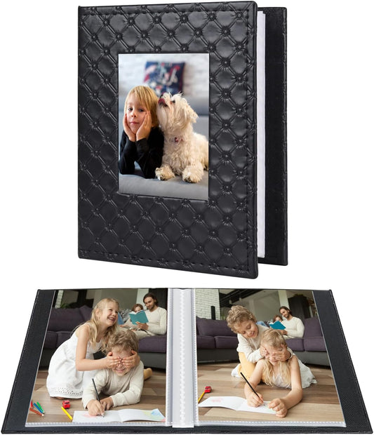 RECUTMS Photo Album 4x6 52 Photos, Small Photo BookButton Grain PU Leather Window 26-Sheet Holds 52 Pictures for Picture Album Wedding Family Baby Vacation(Black)