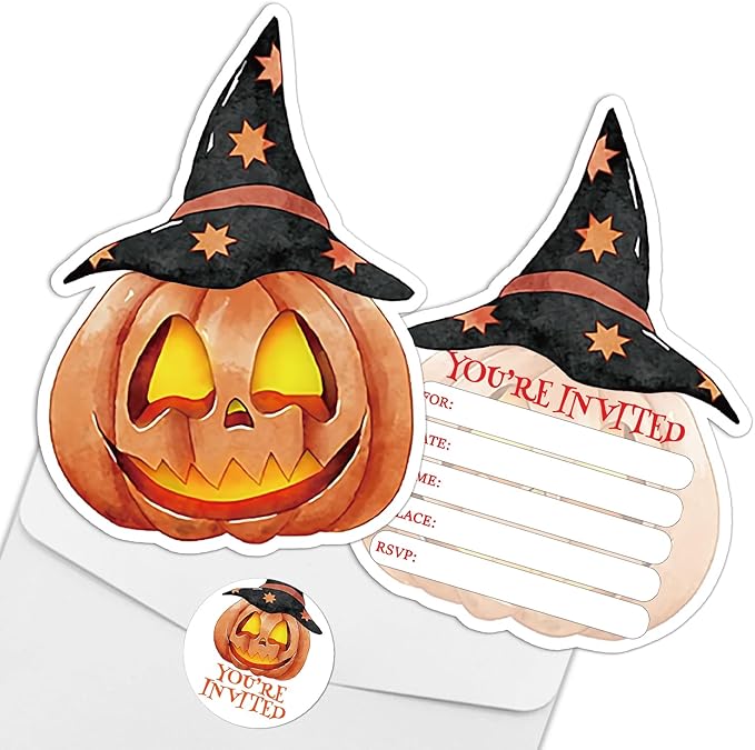REWIDPARTY 15 Sets Halloween Invitations with Envelopes Stickers, Pumpkin Shaped Fill-in Invitation Cards, Birthday Baby Shower Party Invites, Funny Halloween Thanksgiving Party Supplies Decoration