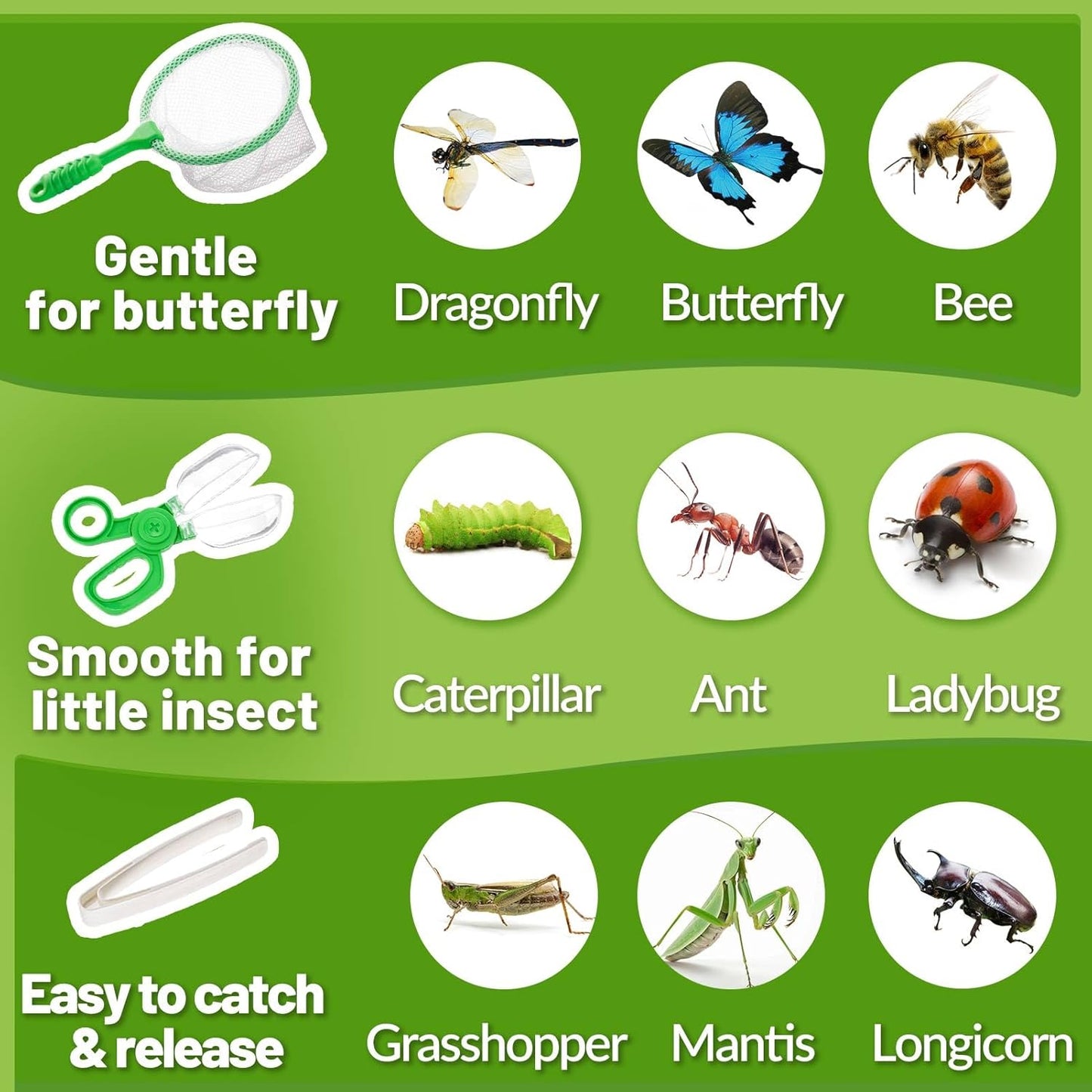 2 Set Bug Catcher for Kids- Educational Bug Catching Kit Including Butterfly Net, Insect Clip, Tweezer, Outdoor Toys for Kids Ages 3-10 (Green)