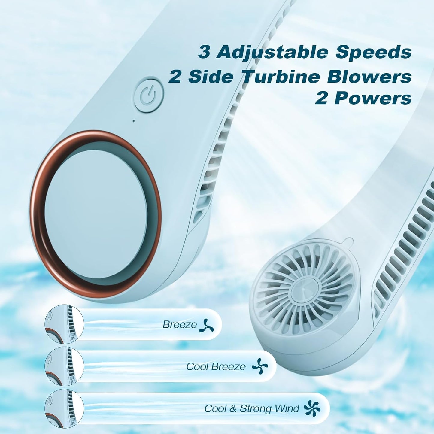 CIVPOWER Neck Fan: Portable Personal Neck Cooling Rechargeable Bladeless Fan - Hands Free 3 Speed 4000 mAh Battery USB Operated Wearable Headphone Design - for Men Women Outdoor Indoor (Light Blue)