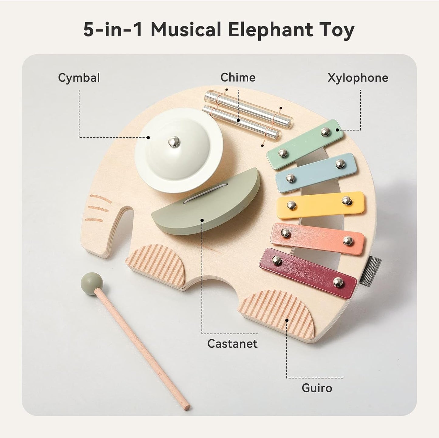 IEATFO 5-in-1 Musical Elephant Toy Set for Kids - Percussion Instruments with Xylophone, Cymbal, Guiro, Castanet & Chime | Portable Early Learning Toy, Toddler Educational Gift