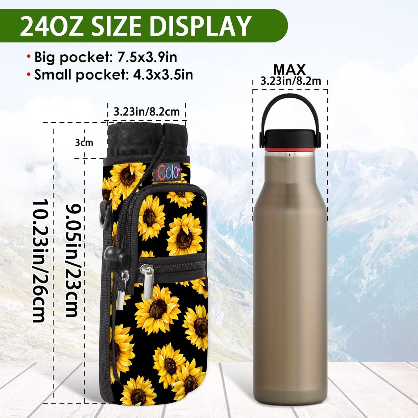 icolor Water Bottle Carrier Bag with Strap 25/32/40 oz Crossbody Bottle Holder with Phone Pocket Sling Sleeve Insulated Neoprene Water Bottle Pouch for Walking Travelling