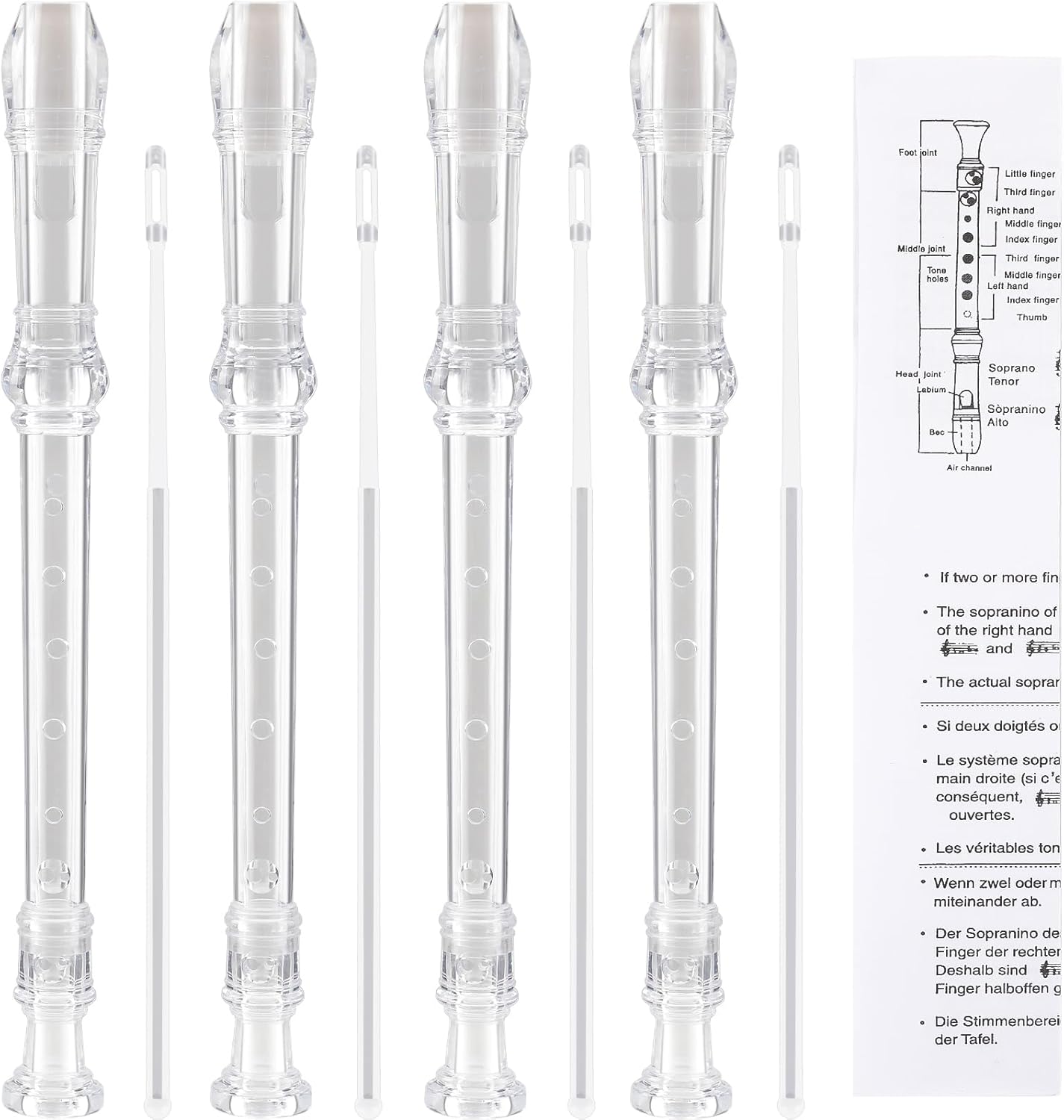 SANNIX 4 Pack Recorder Instrument 8 Hole German Style Soprano Recorder for Beginner Recorder With Cleaning Rod School Student Music Instrument (Clear White)