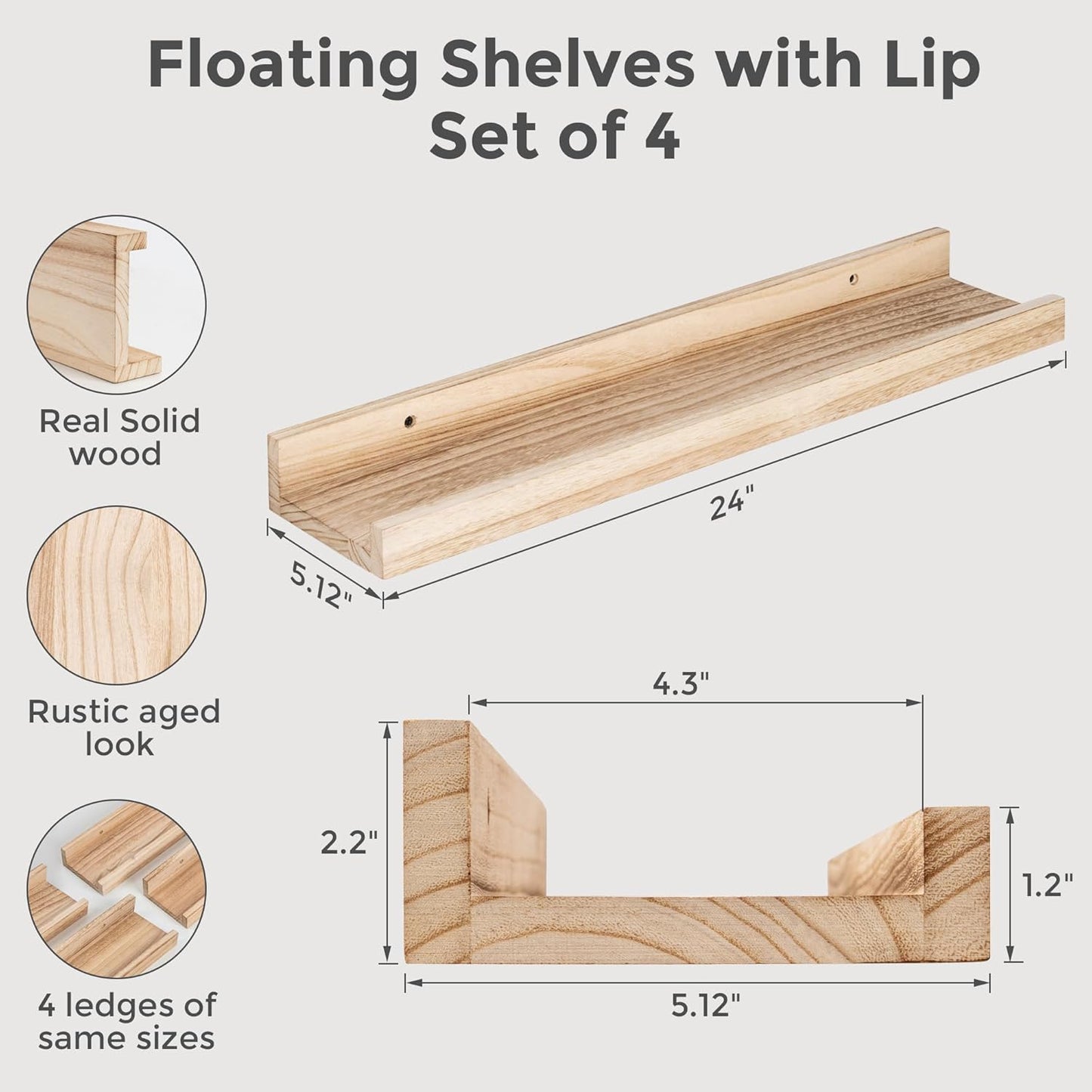 Fun Memories Picture Ledge Shelves 24 Inches Long, Rustic Wooden Floating Shelves with Lip Set of 4, Nursery Book Shelf for Kids Room, Farmhouse Wall Shelf for Living Room, Bedroom