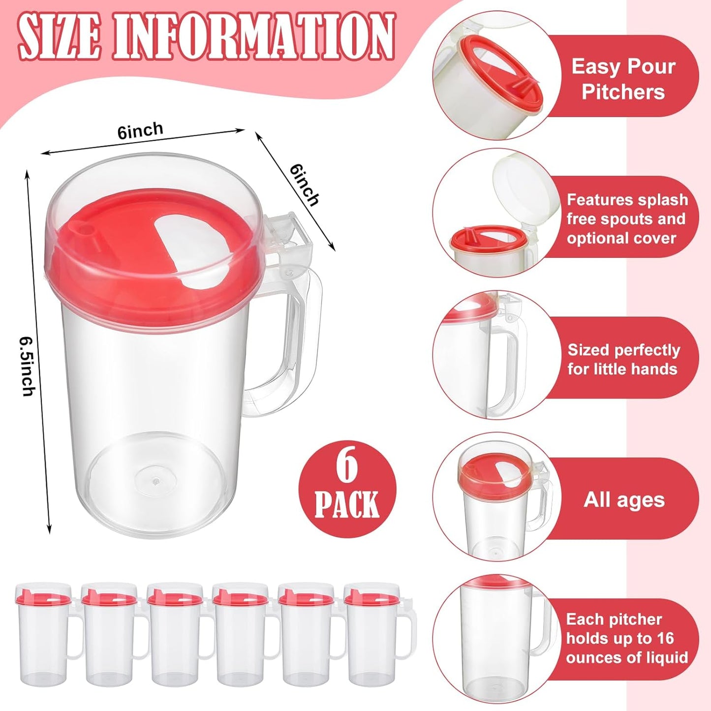 Newtay 6 Pack Early Learning Kids Easy Pouring Mini Pitchers Clear Plastic Pitcher with Lid and Handle Easy Pour Bottles 16 Oz. Jugs with Lids for Classroom Nursery Home (Red)