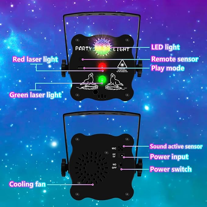 POCOCO DJ Disco Stage Party Lights - Battery Powered Laser Light - Sound Activated Strobe Projector for Christmas Halloween Decorations Karaoke Pub KTV Bar Dance Gift Birthday Wedding