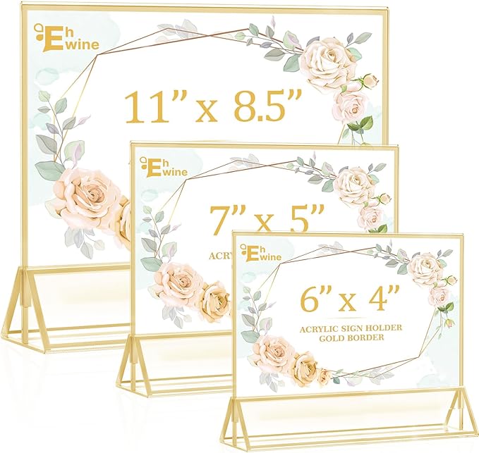 EHWINE 24 Pack Acrylic Sign Holder 4 x 6 Horizontal, Double-Sided Stand up Table Top Sign Holders, Gold Acrylic Picture Frame Menu Flyer Paper Holder Display Stand for Office Business Store Wedding Party