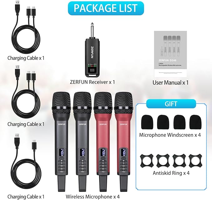 4 Rechargeable Wireless Microphones, Pro Handheld Cordless Mics System with Echo Treble BASS VOL Control for Karaoke Singing Church Party, 1/4'' Output, Grey&Red