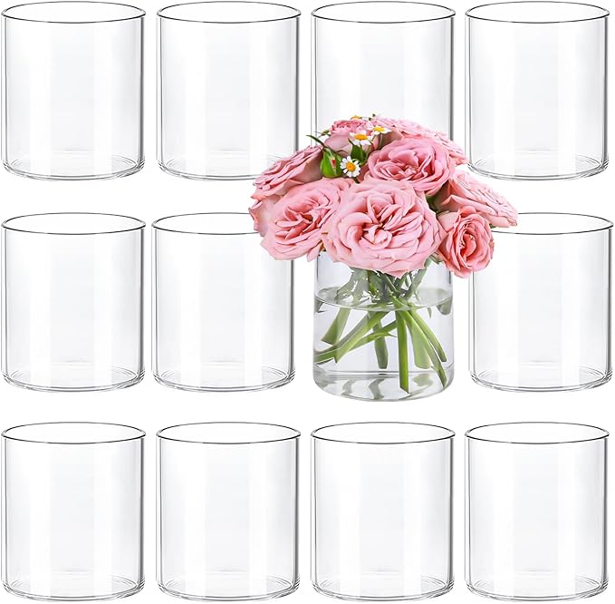 12pcs Small Glass Cylinder Vases for Centerpieces, 4 Inch Clear Flowers Vase for Wedding Decorations, Glass Hurricane Candle Holder for Home Decor Table Centerpiece