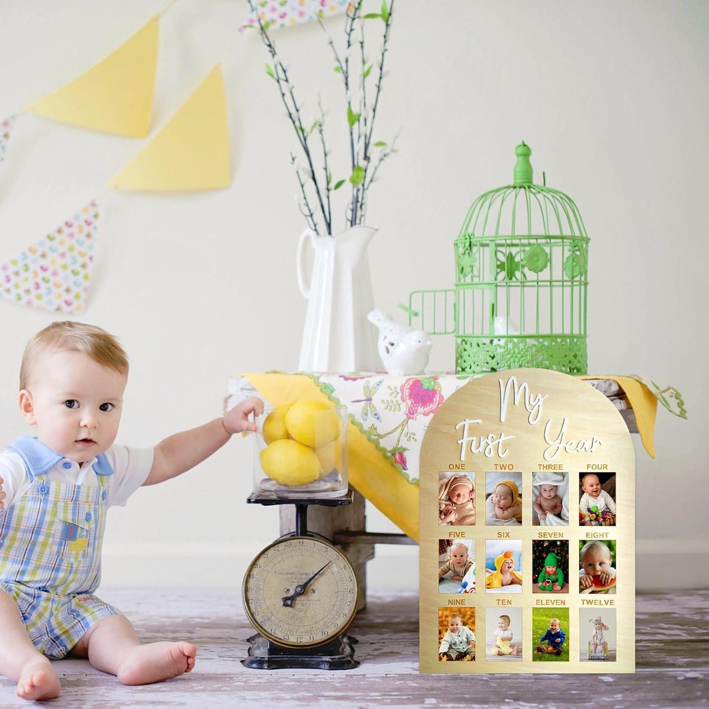 One Year Birthday Wooden Photo Board My First Year Milestone Photo Board 12 Monthly Picture Frame Baby First year Wood Acrylic Sign 1st Birthday Decorations Baby Keepsake Gift (2" x 3" photos - Wallet Size)