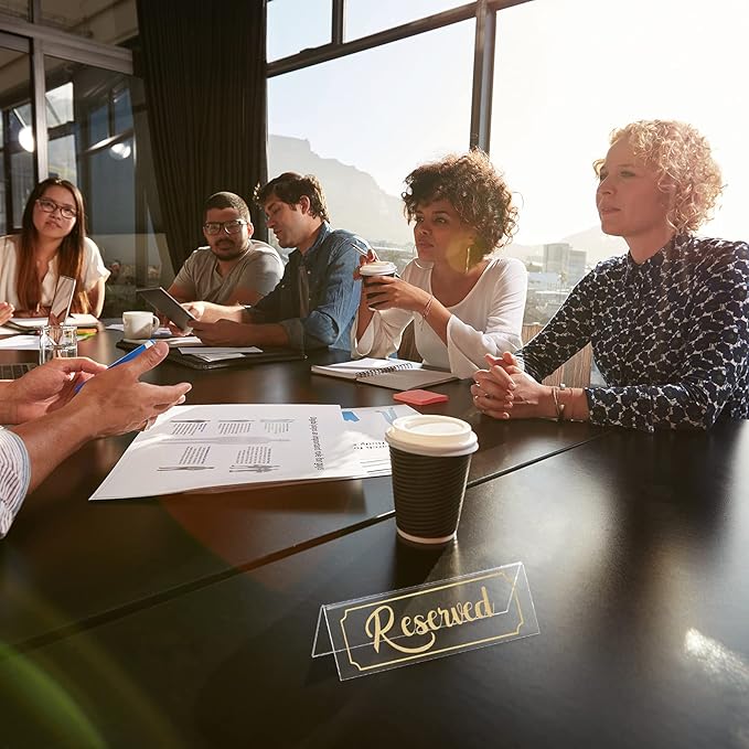 Jetec 16 Pieces Reserved Sign Acrylic Clear Reserved Table Tent Signs Table Number Holders for Wedding Printed Seating Reservation Restaurant Business Office Meeting Party (Gold)